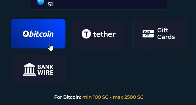 CasinoClick: Redemption method picker, Bitcoin selected, 51 SC balance; Bitcoin limit min 100 - max 2500 SC