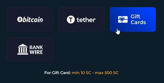 CasinoClick: Redemption method picker, Gift Cards selected; Gift Card limit min 10 SC - max 500 SC