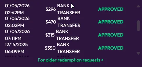 Crown Coins: Redemption history: $296, $470, $315 and $350 bank transfers marked APPROVED