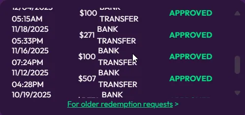 Crown Coins: Redemption history: $100, $271, $100 and $507 bank transfers marked APPROVED