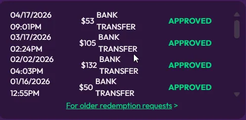 Crown Coins: Redemption history: $53, $105, $132 and $50 bank transfers marked APPROVED