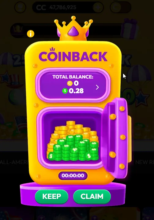 Crown Coins: Coinback safe widget with 0.28 SC accrued and the weekly Keep or Claim choice