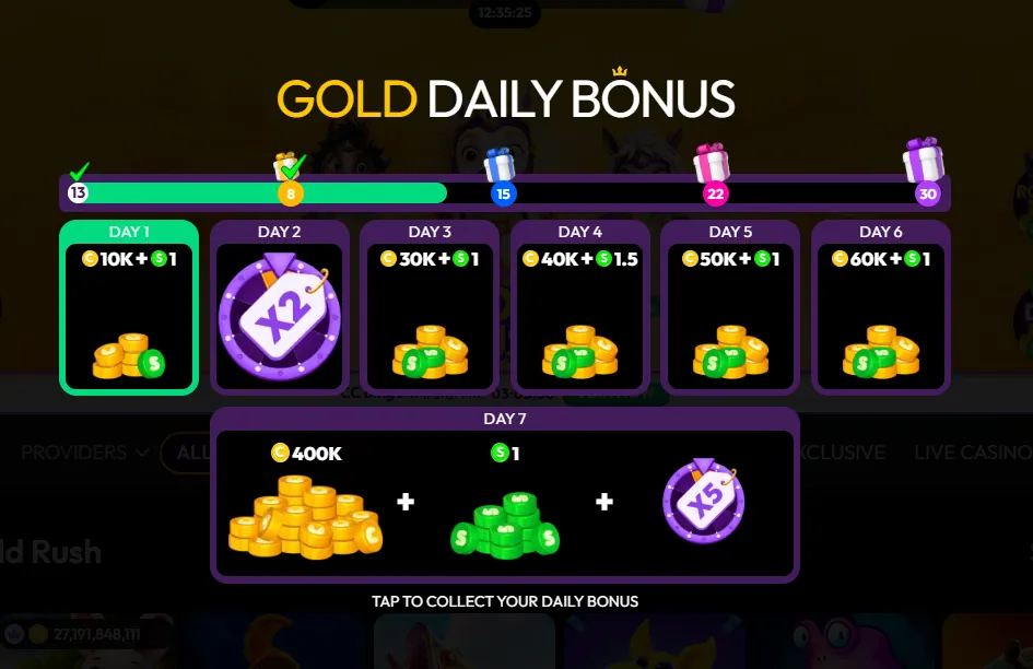 Crown Coins: Gold Daily Bonus 7-day ladder of Gold Coins and SC with a Day 7 reward