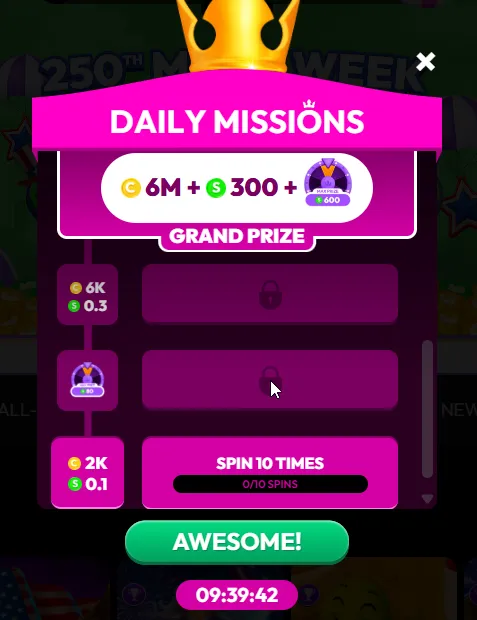 Crown Coins: Daily Missions ladder with a 6M CC plus 300 SC grand prize