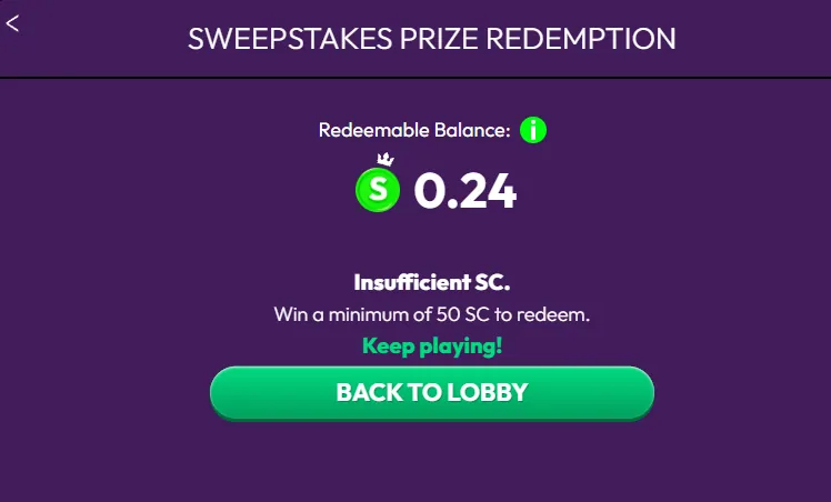Crown Coins: Sweepstakes Prize Redemption screen showing 0.24 SC balance and Insufficient SC notice