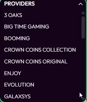 Crown Coins: In-app provider filter: 3 Oaks through Evolution and Galaxsys