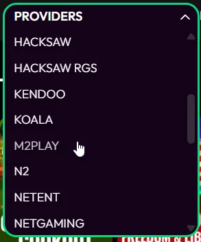 Crown Coins: In-app provider filter: Hacksaw, Kendoo, M2Play, NetEnt, NetGaming