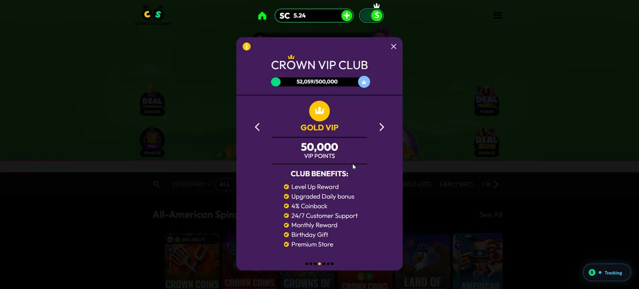 Crown Coins: Crown VIP Club panel on our Gold-tier test account: 52,059 of 500,000 VIP Points toward Diamond