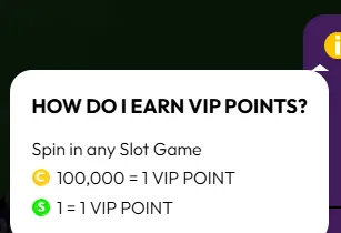 Crown Coins: VIP Points tooltip: 100,000 CC played or 1 SC played equals 1 VIP Point