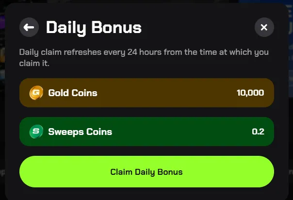Gains: Daily Bonus modal offering 10,000 Gold Coins and 0.2 Sweeps Coins to claim