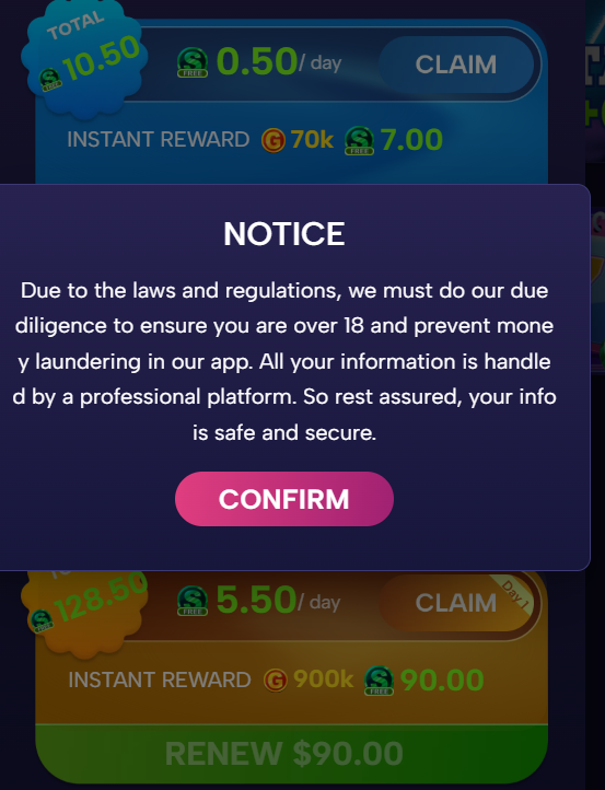 Gleaming Slots: KYC notice which appeared after a purchase