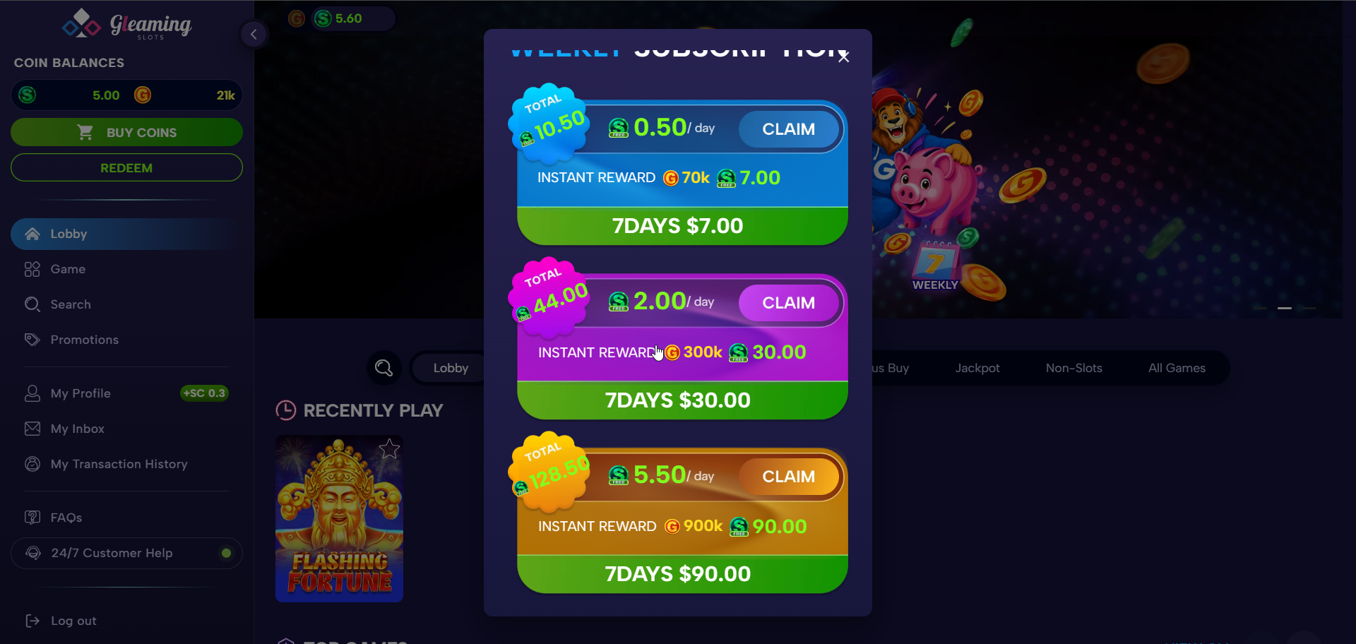 Gleaming Slots: Weekly Subscription bonus