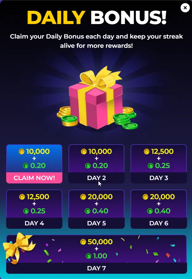 GoldenHearts: Daily Bonus 7-day streak: Day 1 10,000 coins +0.20 up to Day 7 50,000 +1.00