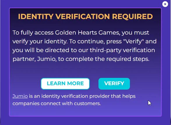 GoldenHearts: Identity verification required modal directing user to third-party partner Jumio
