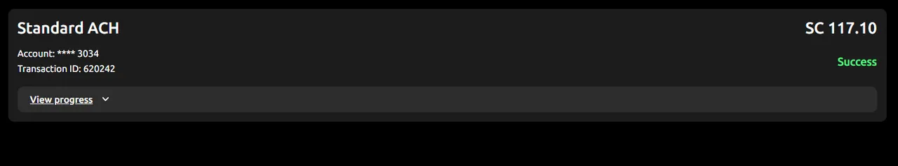Jackpota: Standard ACH redemption of SC 117.10 marked Success to masked account ****3034