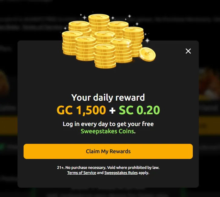 Jackpota: Daily reward popup granting GC 1,500 plus SC 0.20 with Claim My Rewards button