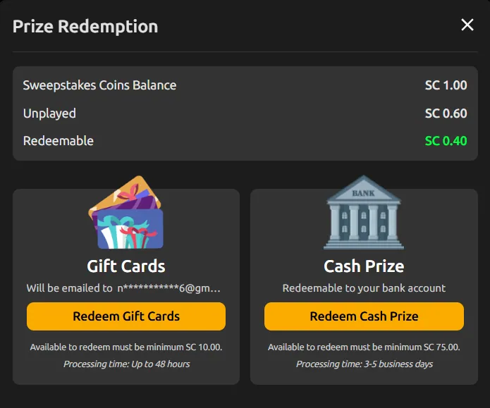 Jackpota: Prize Redemption modal: SC 1.00 balance, SC 0.40 redeemable, gift card and cash prize options