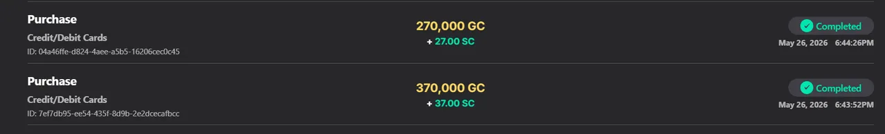 LuckParty: Two Completed coin purchases: 270,000 GC +27.00 SC and 370,000 GC +37.00 SC via card