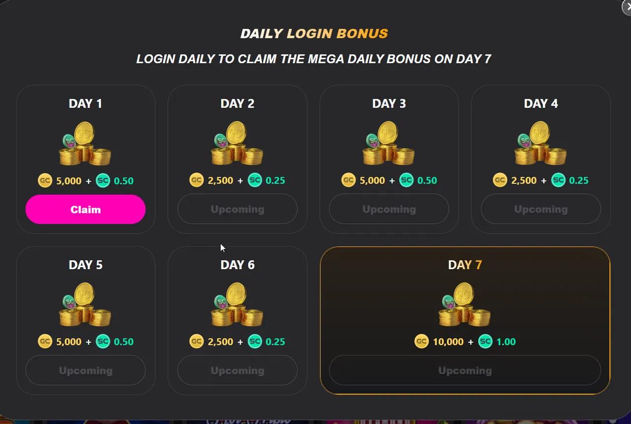 LuckParty: Daily Login Bonus calendar, Day 1 claimable (5,000 GC + 0.50 SC), Day 7 mega bonus