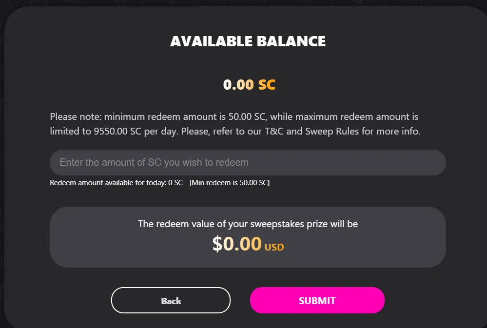 LuckParty: Redeem form: 0.00 SC balance, min 50.00 SC, max 9550.00 SC/day, $0.00 USD value
