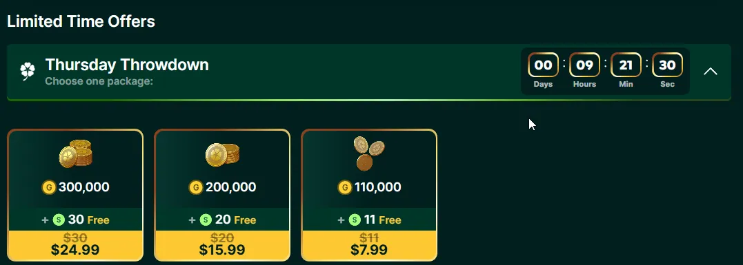 LuckyHands: Thursday Throwdown coin packages: 300K/200K/110K GC, $24.99/$15.99/$7.99, free SC