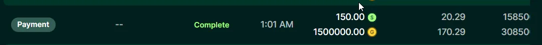 LuckyHands: Transaction row: Payment of 150.00 SC marked Complete at 1:01 AM