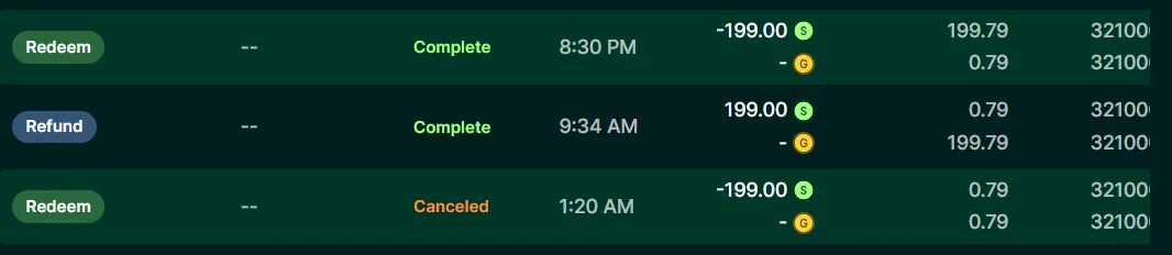 LuckyHands: Tx history: 199.00 SC Redeem Complete, 199.00 SC Refund Complete, plus a Canceled redeem