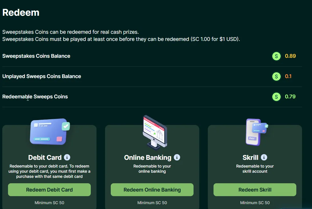 LuckyHands: Redeem page: 0.79 redeemable SC, redemption policy, Debit Card/Online Banking/Skrill, min SC 50