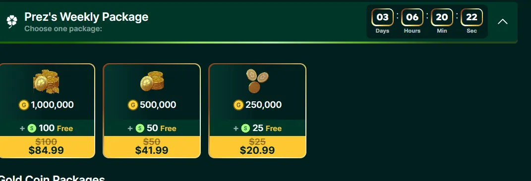 LuckyHands: Prez's Weekly Package coins: 1M/500K/250K GC, $84.99/$41.99/$20.99, free SC
