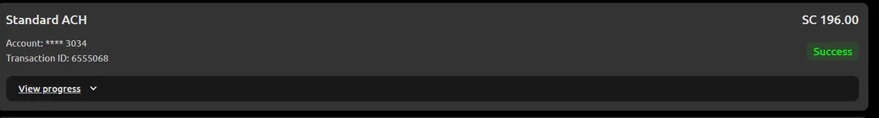 McLuck: Standard ACH redemption of SC 196.00 marked Success, transaction ID 6555068