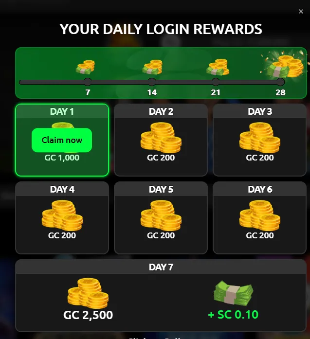 McLuck: Daily login rewards: day 1 GC 1,000, days 2-6 GC 200, day 7 GC 2,500 plus SC 0.10