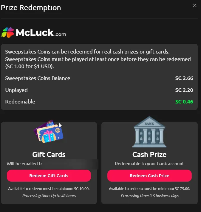 McLuck: Prize Redemption page: SC balance, redeemable SC 0.46, gift card and cash prize rules