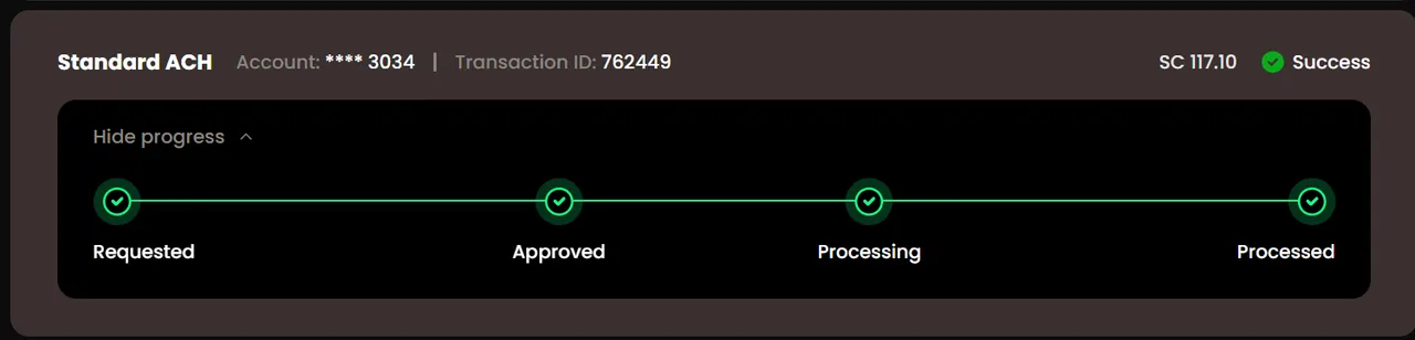 MegaBonanza: Standard ACH SC 117.10 redemption tracker, all four stages complete and marked Success