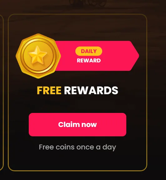 MegaBonanza: Daily free rewards card with Claim now button, free coins once a day