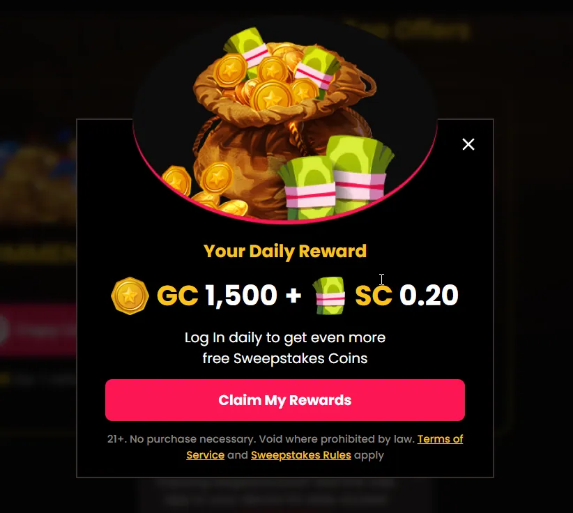 MegaBonanza: Daily reward popup offering GC 1,500 plus SC 0.20 with Claim My Rewards button