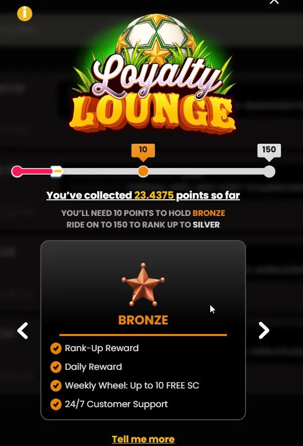 MegaBonanza: Loyalty Lounge Bronze tier showing 23.4375 points and rank-up perks toward Silver