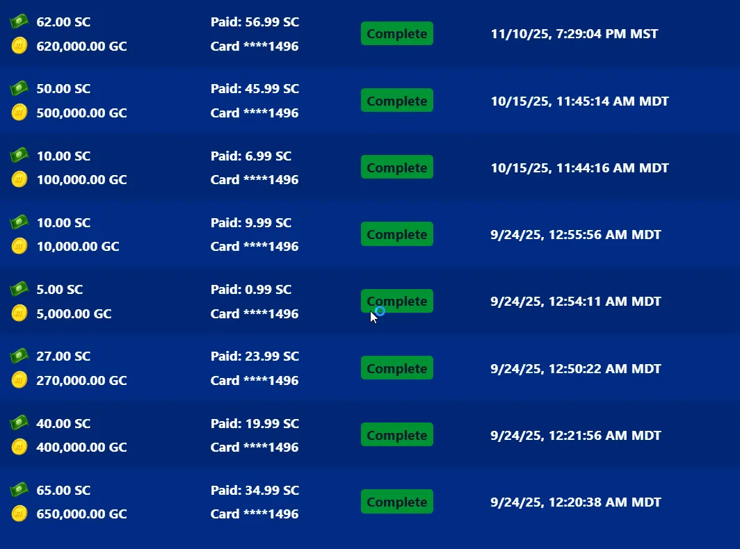MyPrize: Coin-package purchase history: 8 orders marked Complete, paid by card, SC/GC amounts and dates