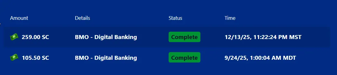 MyPrize: Two redemptions marked Complete to BMO Digital Banking: 259.00 SC and 105.50 SC