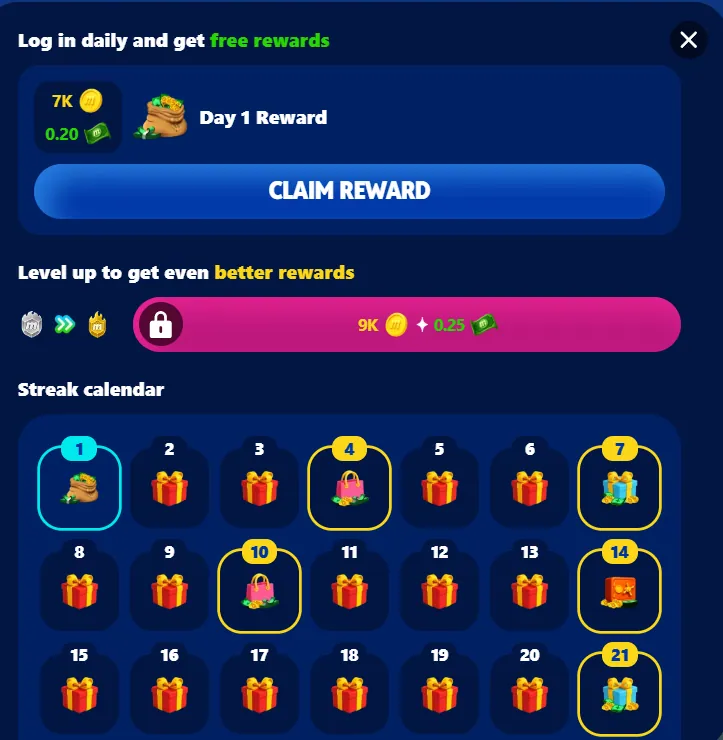 MyPrize: Daily login reward popup: Day 1 (7K GC, 0.20 SC) with 21-day streak calendar
