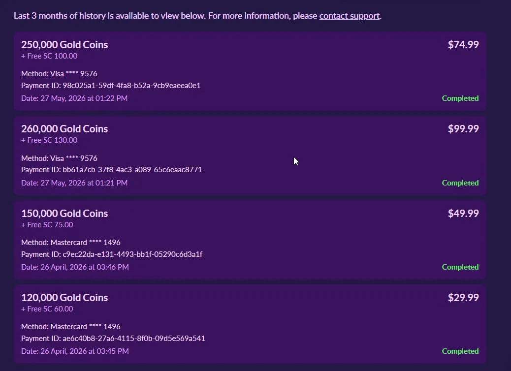 PlayFame: Gold Coin purchase history: four completed packages from $29.99 to $99.99 with free SC