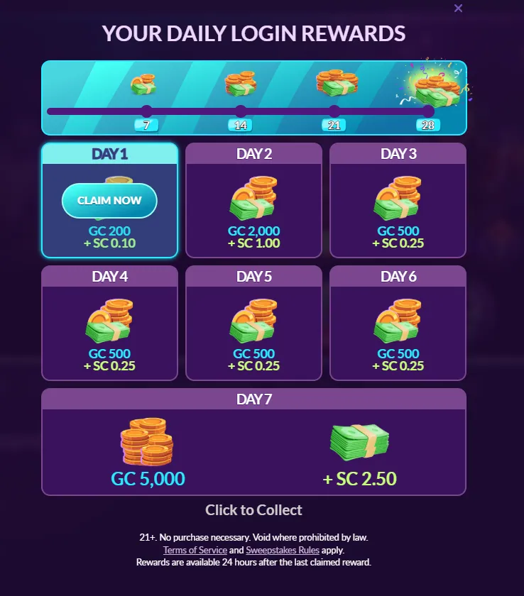 PlayFame: Daily login rewards: 7-day ladder from GC 200 + SC 0.10 up to GC 5,000 + SC 2.50