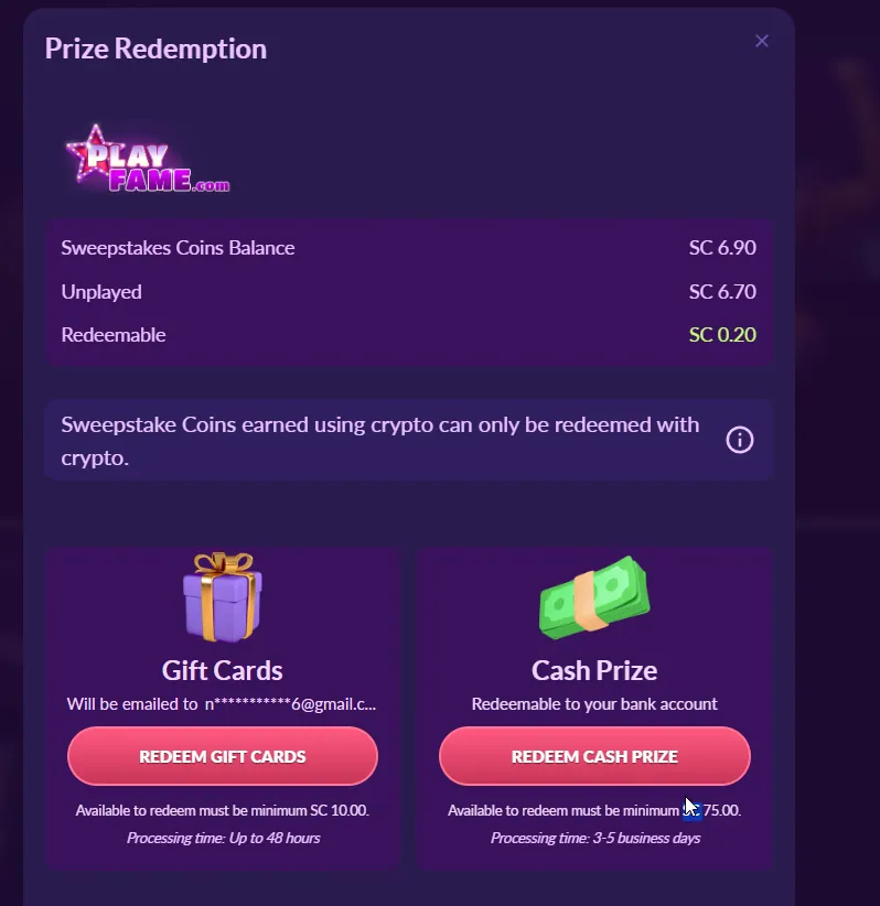 PlayFame: Prize Redemption screen: SC 6.90 balance, SC 0.20 redeemable, gift card and cash prize rules