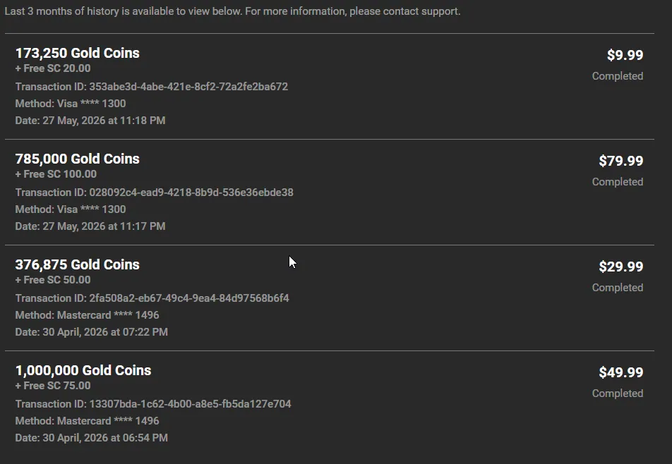 Pulsz: Purchase history of Gold Coin packages with free SC, all marked Completed