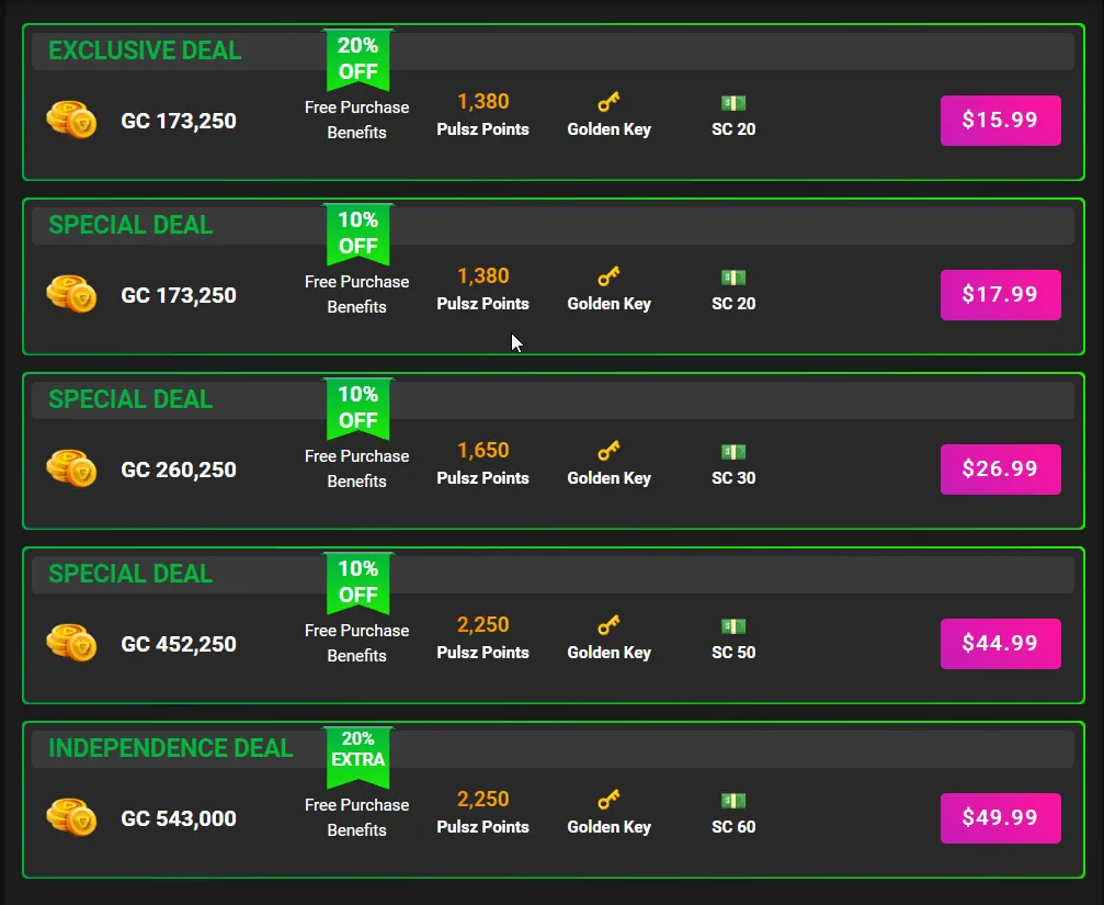 Pulsz: Gold Coin purchase deals with free SC and Pulsz Points, $15.99 to $49.99