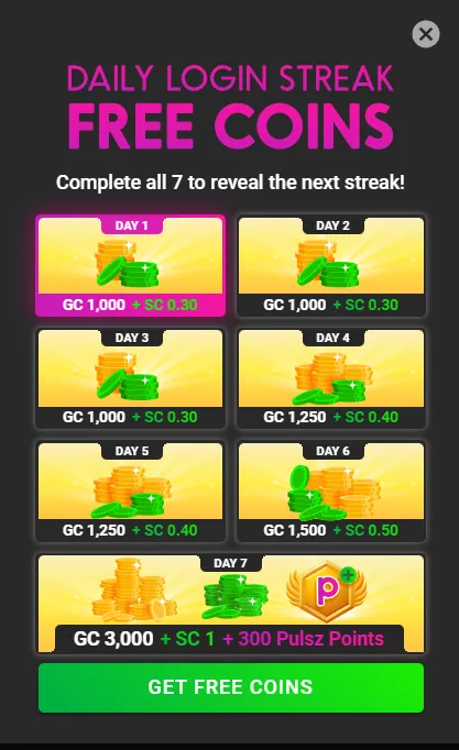 Pulsz: Daily Login Streak Free Coins promo, 7-day GC and SC rewards