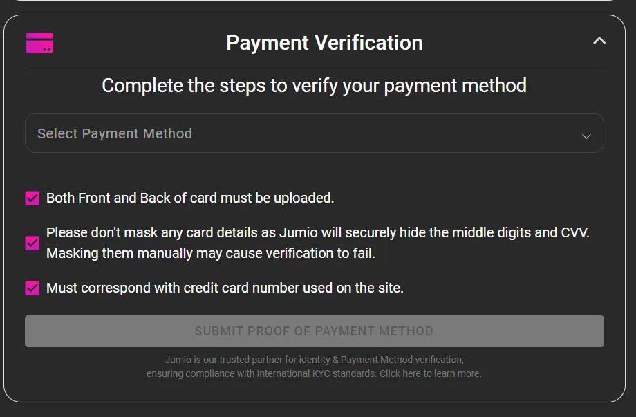 Pulsz: Payment Verification rules: upload front/back of card, no masking, Jumio partner