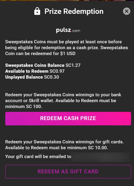 Pulsz: Prize Redemption modal: SC1.27 balance, redeem to bank/Skrill or gift card