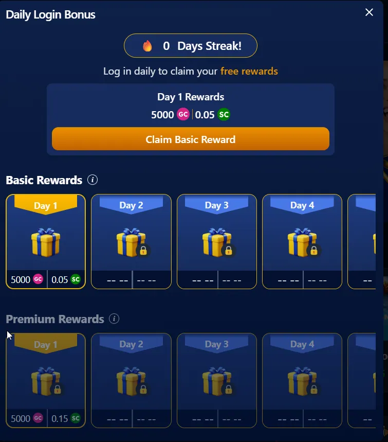 SpeedSweeps: Daily Login Bonus, Day 1 reward 5000 GC + 0.05 SC, basic/premium tiers
