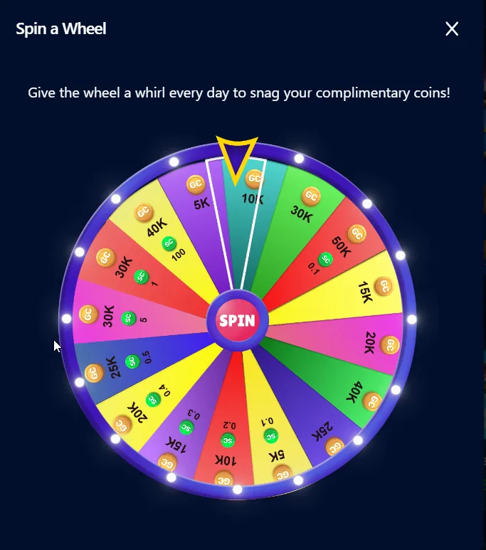 SpeedSweeps: Spin a Wheel daily complimentary-coins promo with coin-value wedges