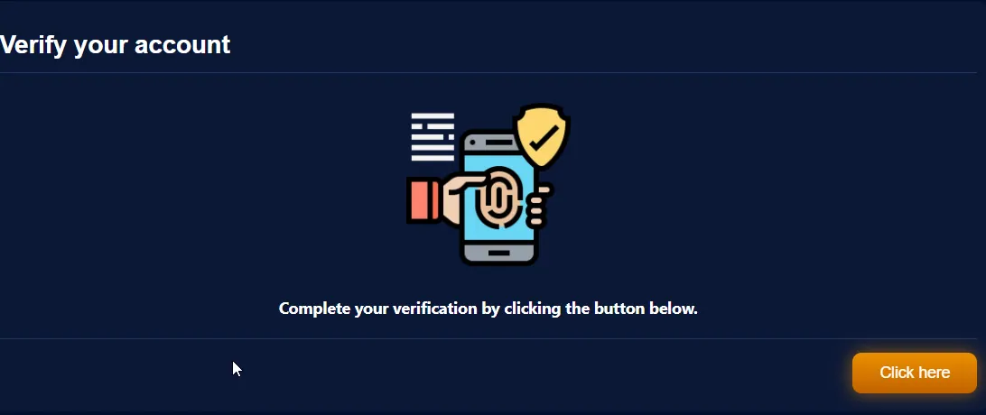 SpeedSweeps: Verify your account prompt with a Click here button to start verification